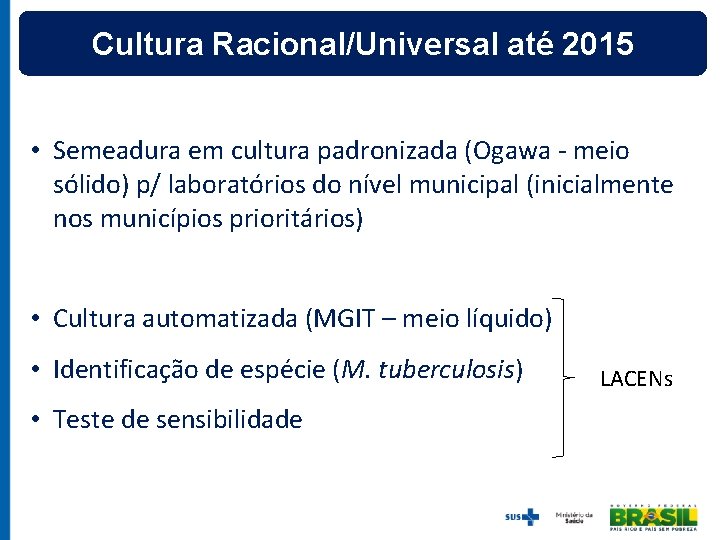 Cultura Racional/Universal até 2015 • Semeadura em cultura padronizada (Ogawa - meio sólido) p/