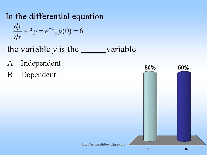 In the differential equation the variable y is the variable A. Independent B. Dependent