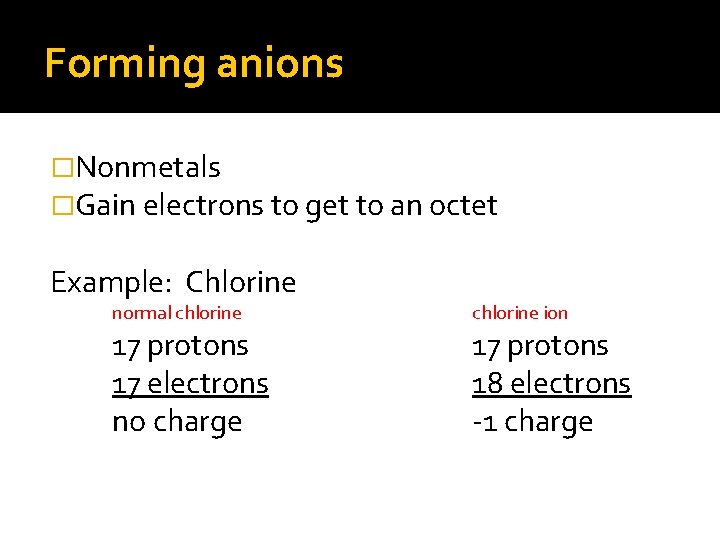 Forming anions �Nonmetals �Gain electrons to get to an octet Example: Chlorine normal chlorine