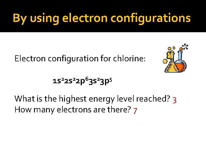 By using electron configurations Electron configuration for chlorine: 1 s 22 p 63 s
