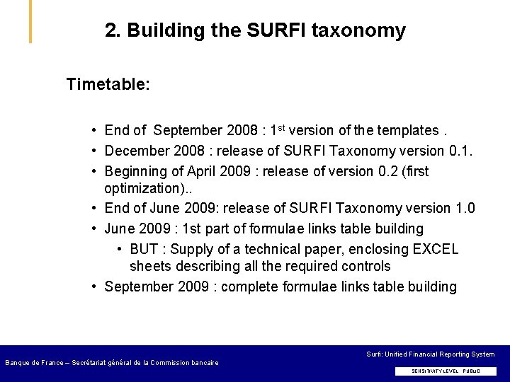 2. Building the SURFI taxonomy Timetable: • End of September 2008 : 1 st