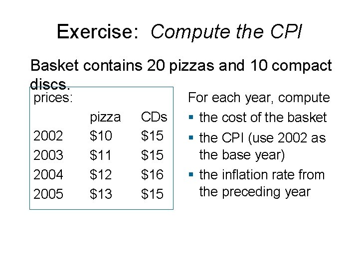 Exercise: Compute the CPI Basket contains 20 pizzas and 10 compact discs. prices: 2002
