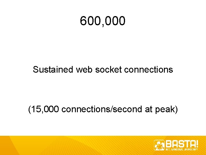 600, 000 Sustained web socket connections (15, 000 connections/second at peak) 600, 000 Sustained web socket connections (15, 000 connections/second at peak)