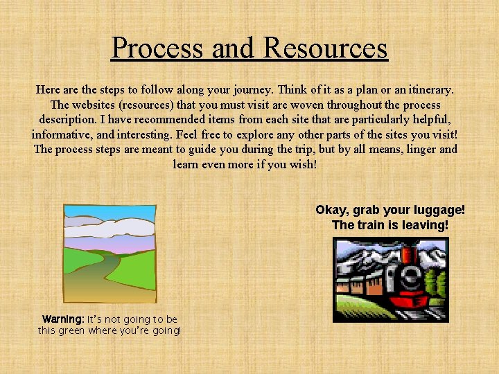 Process and Resources Here are the steps to follow along your journey. Think of
