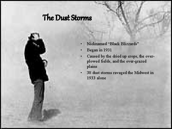 The Dust Storms • • Nicknamed “Black Blizzards” Began in 1931 Caused by the