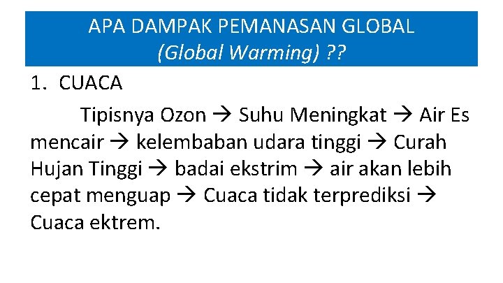 APA DAMPAK PEMANASAN GLOBAL (Global Warming) ? ? 1. CUACA Tipisnya Ozon Suhu Meningkat