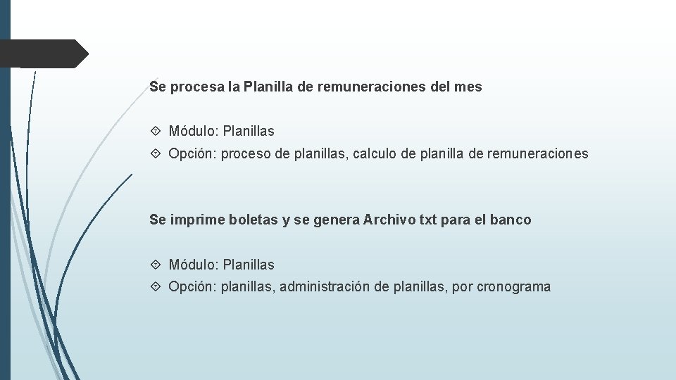 Se procesa la Planilla de remuneraciones del mes Módulo: Planillas Opción: proceso de planillas,