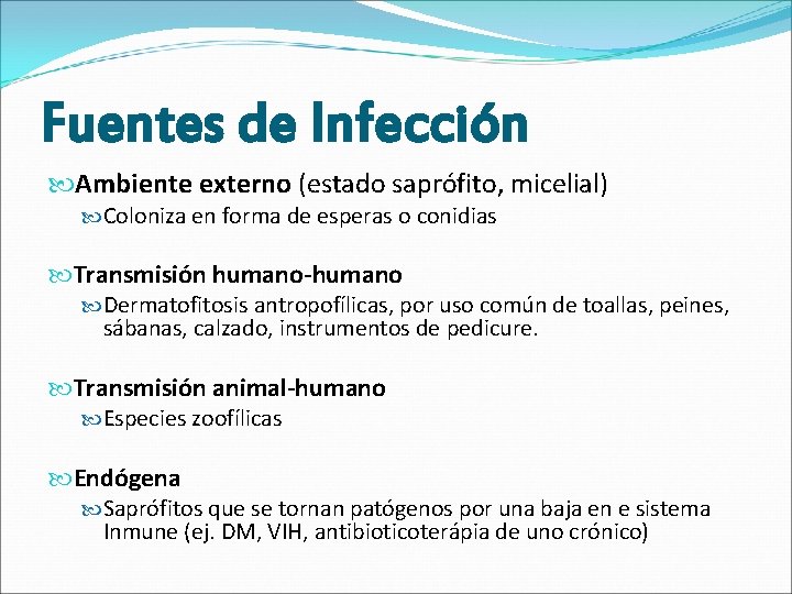 Fuentes de Infección Ambiente externo (estado saprófito, micelial) Coloniza en forma de esperas o