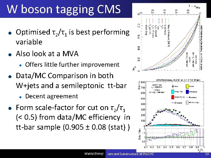 W boson tagging CMS Optimised τ2/τ1 is best performing variable Also look at a