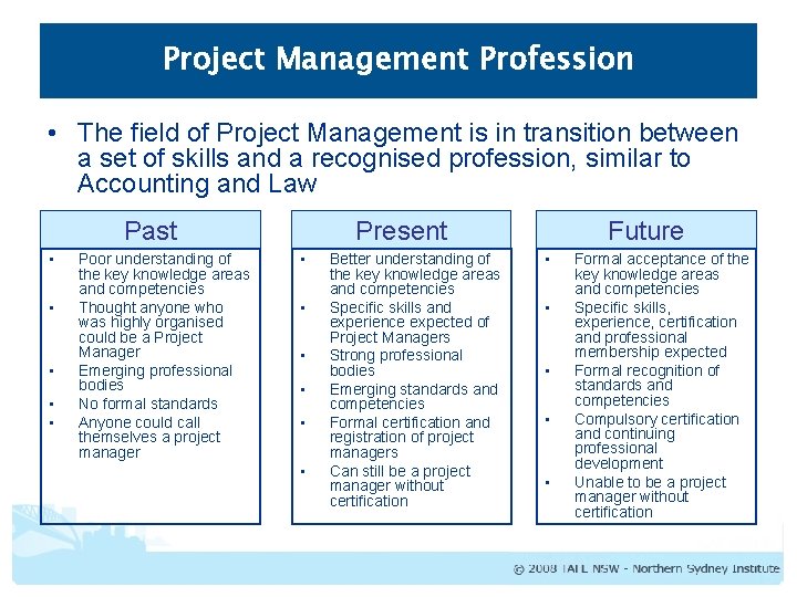 Project Management Profession • The field of Project Management is in transition between a