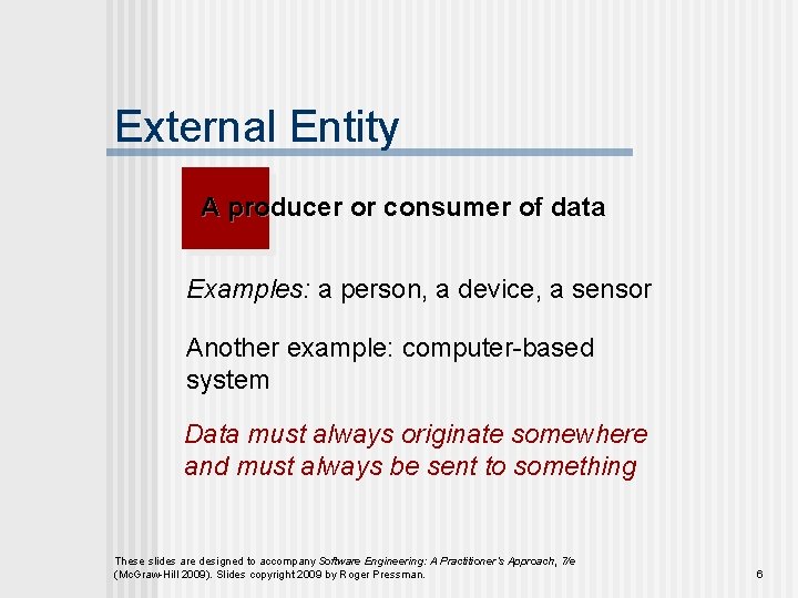 External Entity A producer or consumer of data Examples: a person, a device, a External Entity A producer or consumer of data Examples: a person, a device, a