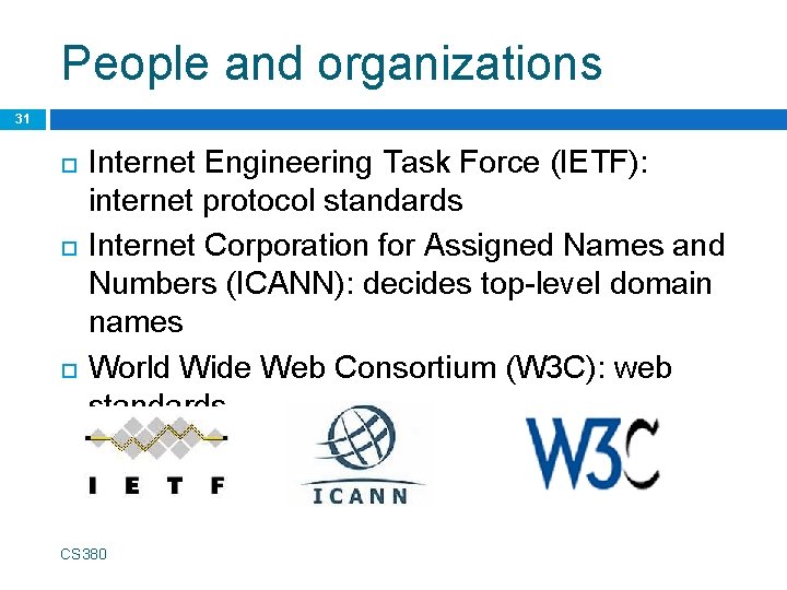 People and organizations 31 Internet Engineering Task Force (IETF): internet protocol standards Internet Corporation