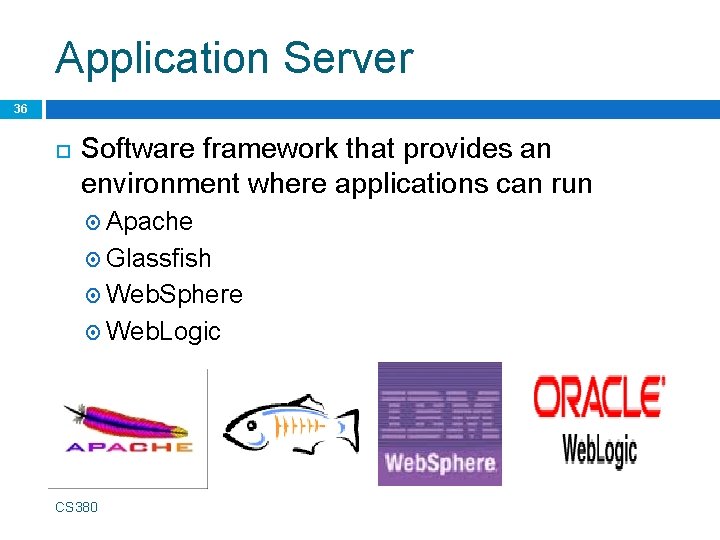 Application Server 36 Software framework that provides an environment where applications can run Apache