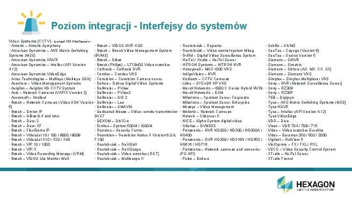 Poziom integracji - Interfejsy do systemów Video Systems (CCTV) - ponad 100 interfejsów •