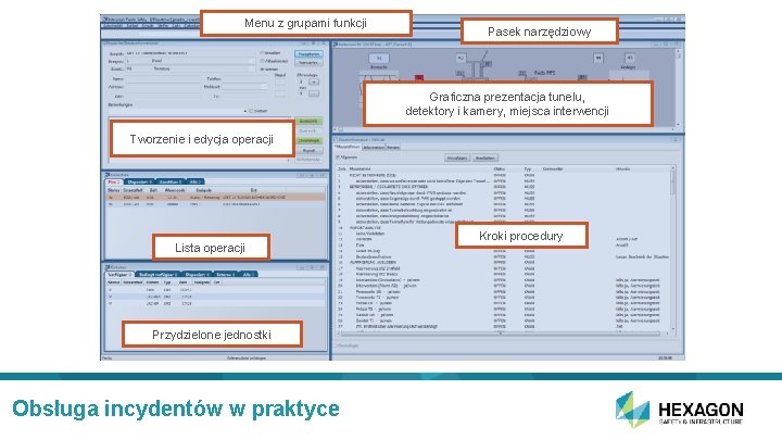 Menu z grupami funkcji Pasek narzędziowy Graficzna prezentacja tunelu, detektory i kamery, miejsca interwencji