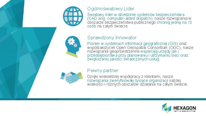 Ogólnoświatowy Lider Światowy lider w dziedzinie systemów bezpieczeństwa (CAD ang. computer-aided dispatch), nasze rozwiązania