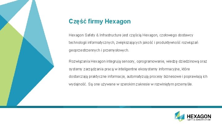 Część firmy Hexagon Safety & Infrastructure jest częścią Hexagon, czołowego dostawcy technologii informatycznych, zwiększających