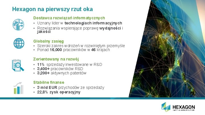 Hexagon na pierwszy rzut oka Dostawca rozwiązań informatycznych • Uznany lider w technologiach informacyjnych