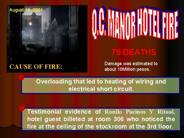 August 18, 2001 75 DEATHS CAUSE OF FIRE: Damage was estimated to about 10