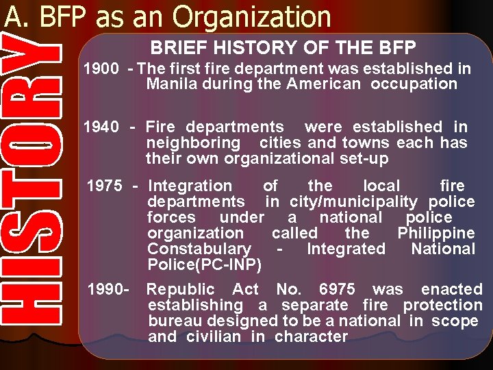A. BFP as an Organization BRIEF HISTORY OF THE BFP 1900 - The first