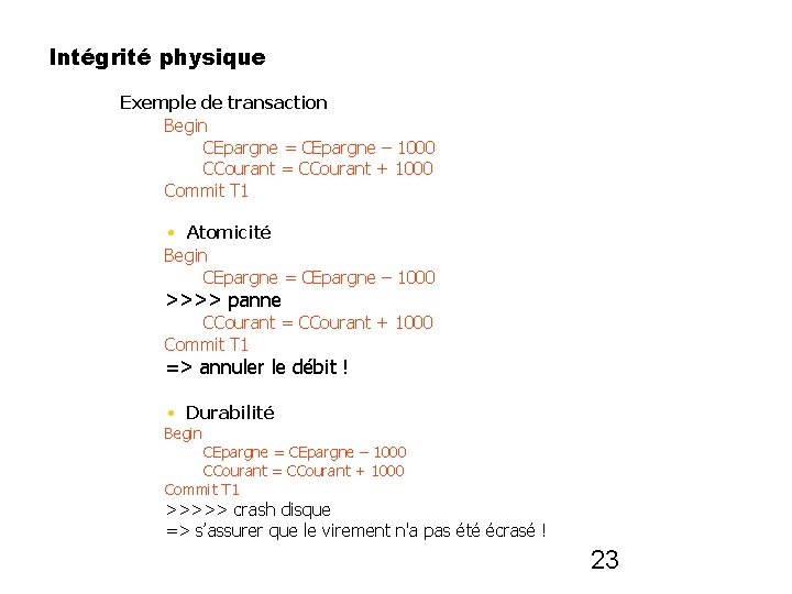 Intégrité physique Exemple de transaction Begin CEpargne = CEpargne – 1000 CCourant = CCourant