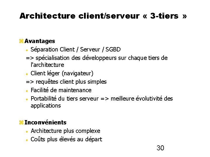 Architecture client/serveur « 3 -tiers » Avantages Séparation Client / Serveur / SGBD =>