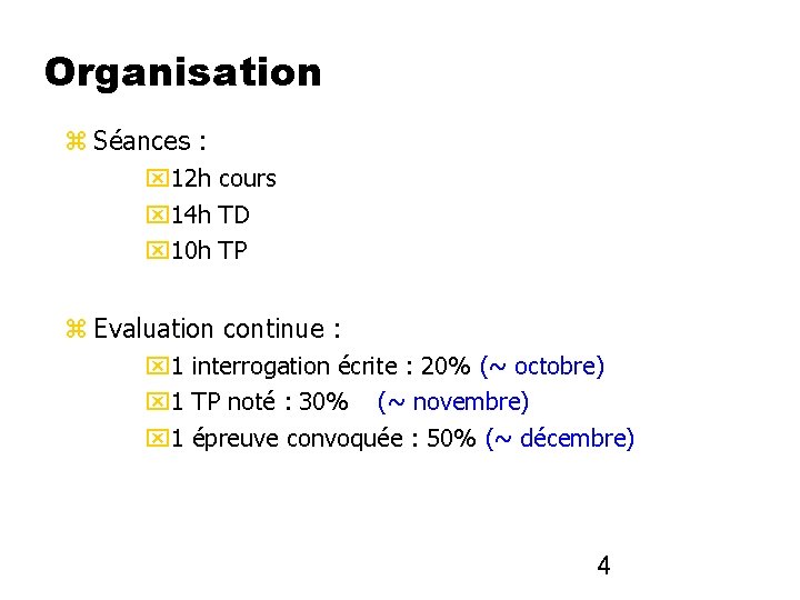 Organisation Séances : 12 h cours 14 h TD 10 h TP Evaluation continue