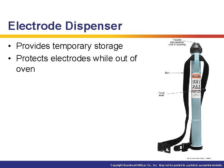 Electrode Dispenser • Provides temporary storage • Protects electrodes while out of oven Copyright Electrode Dispenser • Provides temporary storage • Protects electrodes while out of oven Copyright