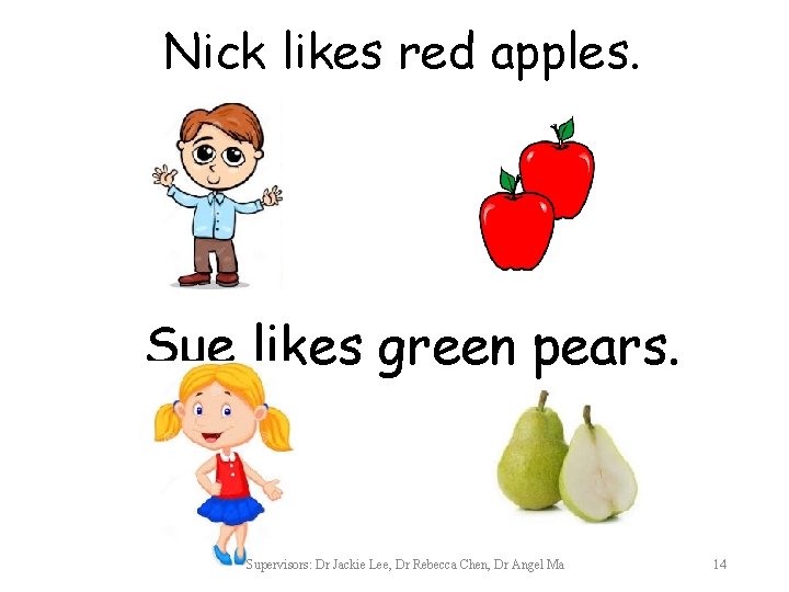 Nick likes red apples. Sue likes green pears. Supervisors: Dr Jackie Lee, Dr Rebecca