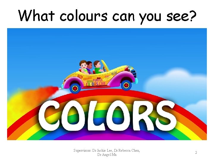 What colours can you see? Supervisors: Dr Jackie Lee, Dr Rebecca Chen, Dr Angel