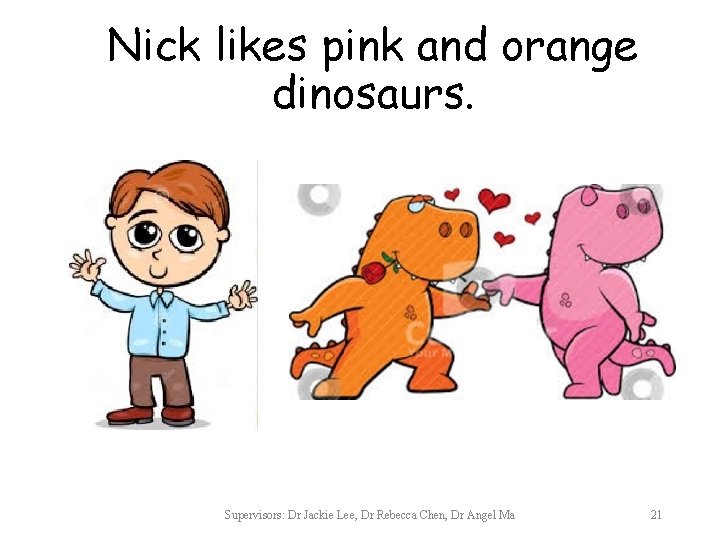 Nick likes pink and orange dinosaurs. Supervisors: Dr Jackie Lee, Dr Rebecca Chen, Dr