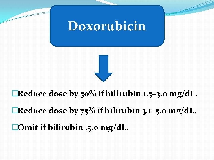 Doxorubicin �Reduce dose by 50% if bilirubin 1. 5– 3. 0 mg/d. L. �Reduce