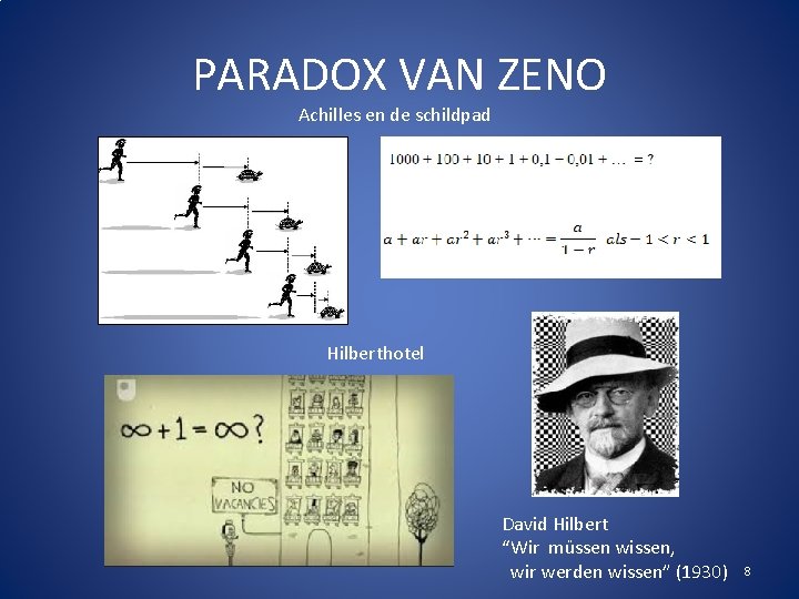 PARADOX VAN ZENO Achilles en de schildpad Hilberthotel David Hilbert “Wir müssen wissen, wir
