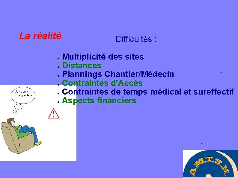 La réalité Difficultés : Multiplicité des sites ● Distances ● Plannings Chantier/Médecin ● Contraintes