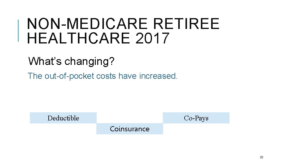 NON-MEDICARE RETIREE HEALTHCARE 2017 What’s changing? The out-of-pocket costs have increased. Deductible Co-Pays Coinsurance