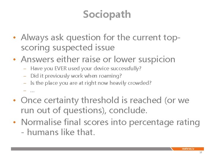 Sociopath • Always ask question for the current topscoring suspected issue • Answers either