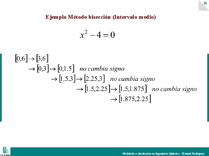 16 Ejemplo Método bisección (Intervalo medio) Modelado y simulación en Ingeniería Química. Manuel Rodríguez