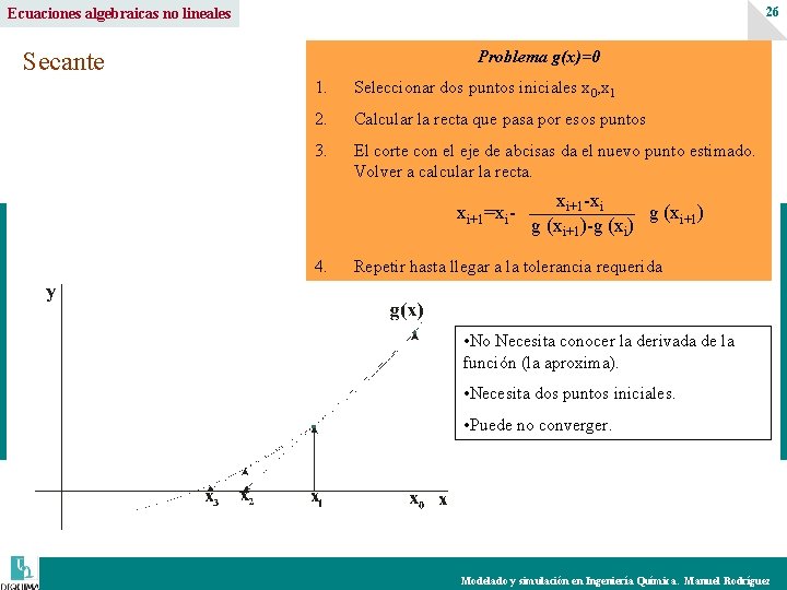 26 Ecuaciones algebraicas no lineales Problema g(x)=0 Secante 1. Seleccionar dos puntos iniciales x