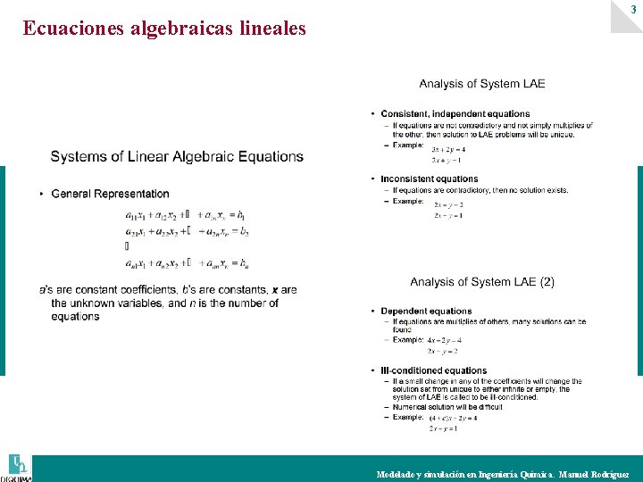 3 Ecuaciones algebraicas lineales Modelado y simulación en Ingeniería Química. Manuel Rodríguez 