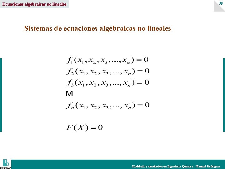 30 Ecuaciones algebraicas no lineales Sistemas de ecuaciones algebraicas no lineales Modelado y simulación