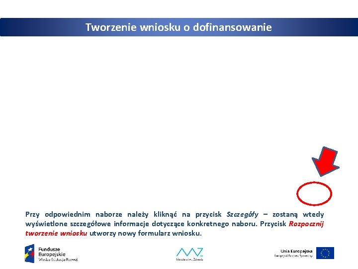 Tworzenie wniosku o dofinansowanie Przy odpowiednim naborze należy kliknąć na przycisk Szczegóły – zostaną