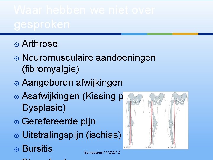 Waar hebben we niet over gesproken Arthrose Neuromusculaire aandoeningen (fibromyalgie) Aangeboren afwijkingen Asafwijkingen (Kissing