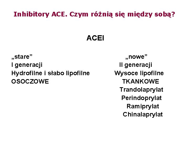 Inhibitory ACE. Czym różnią się między sobą? ACEI „stare” I generacji Hydrofilne i słabo