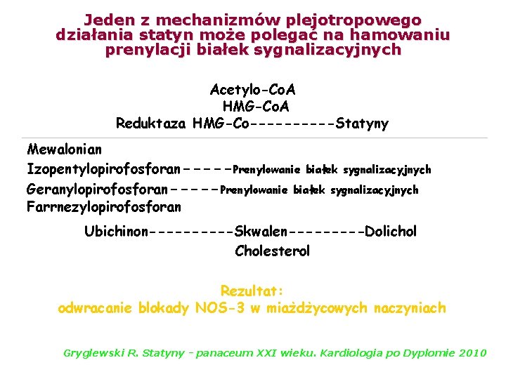 Jeden z mechanizmów plejotropowego działania statyn może polegać na hamowaniu prenylacji białek sygnalizacyjnych Acetylo-Co.