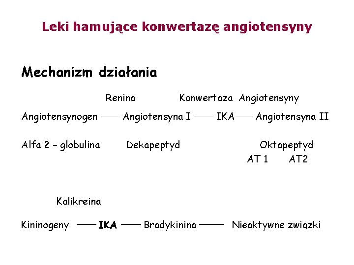 Leki hamujące konwertazę angiotensyny Mechanizm działania Renina Angiotensynogen Konwertaza Angiotensyny Angiotensyna I Alfa 2