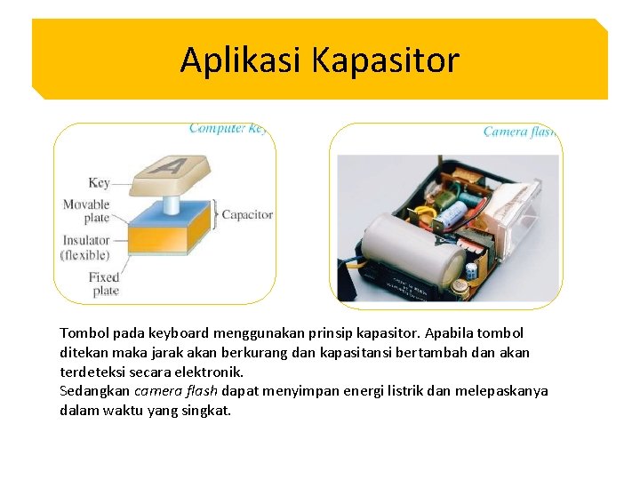 Aplikasi Kapasitor Tombol pada keyboard menggunakan prinsip kapasitor. Apabila tombol ditekan maka jarak akan