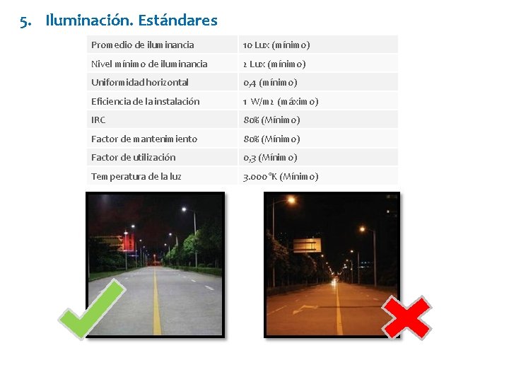 5. Iluminación. Estándares Promedio de iluminancia 10 Lux (mínimo) Nivel mínimo de iluminancia http: