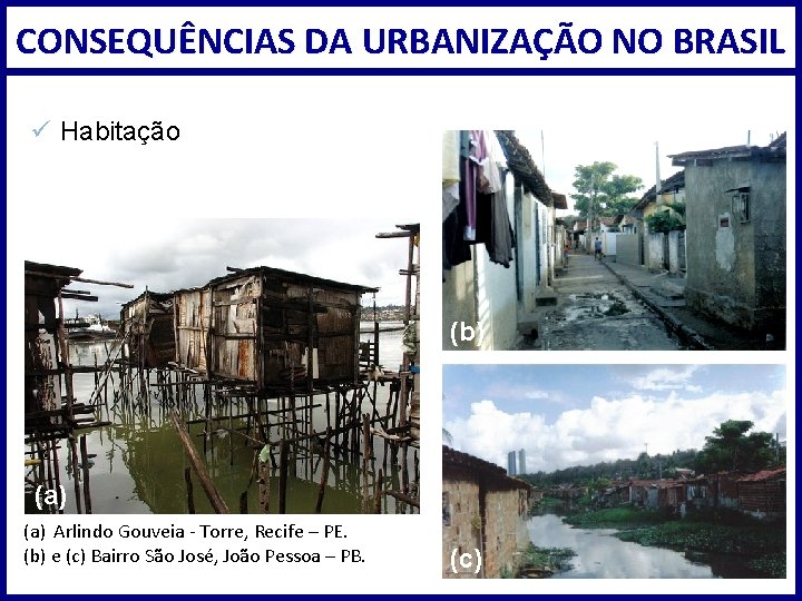 CONSEQUÊNCIAS DA URBANIZAÇÃO NO BRASIL ü Habitação (b) (a) Arlindo Gouveia - Torre, Recife
