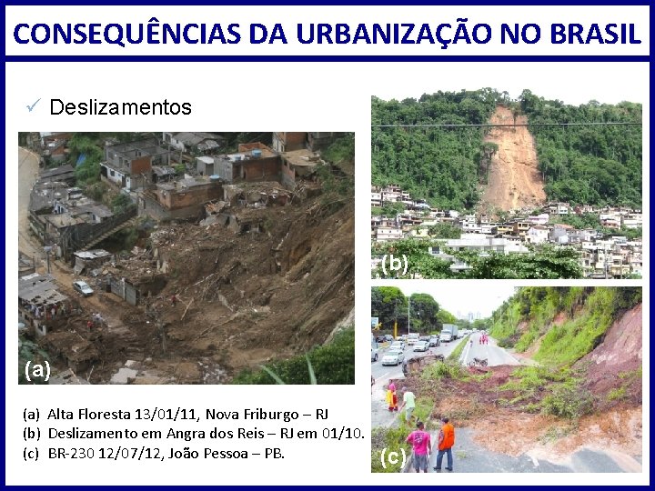 CONSEQUÊNCIAS DA URBANIZAÇÃO NO BRASIL ü Deslizamentos (b) (a) Alta Floresta 13/01/11, Nova Friburgo