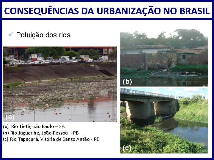 CONSEQUÊNCIAS DA URBANIZAÇÃO NO BRASIL ü Poluição dos rios (b) (a) Rio Tietê, São